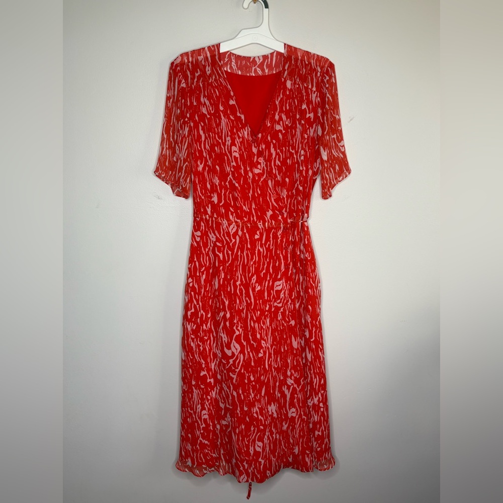 100% Silk Wrap Dress Abstract Red and White